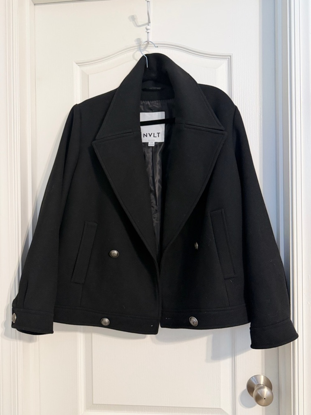 NVLT Anthropologie Black Double-Breasted Wool-Blend Retro Oversized Peacoat Sz L